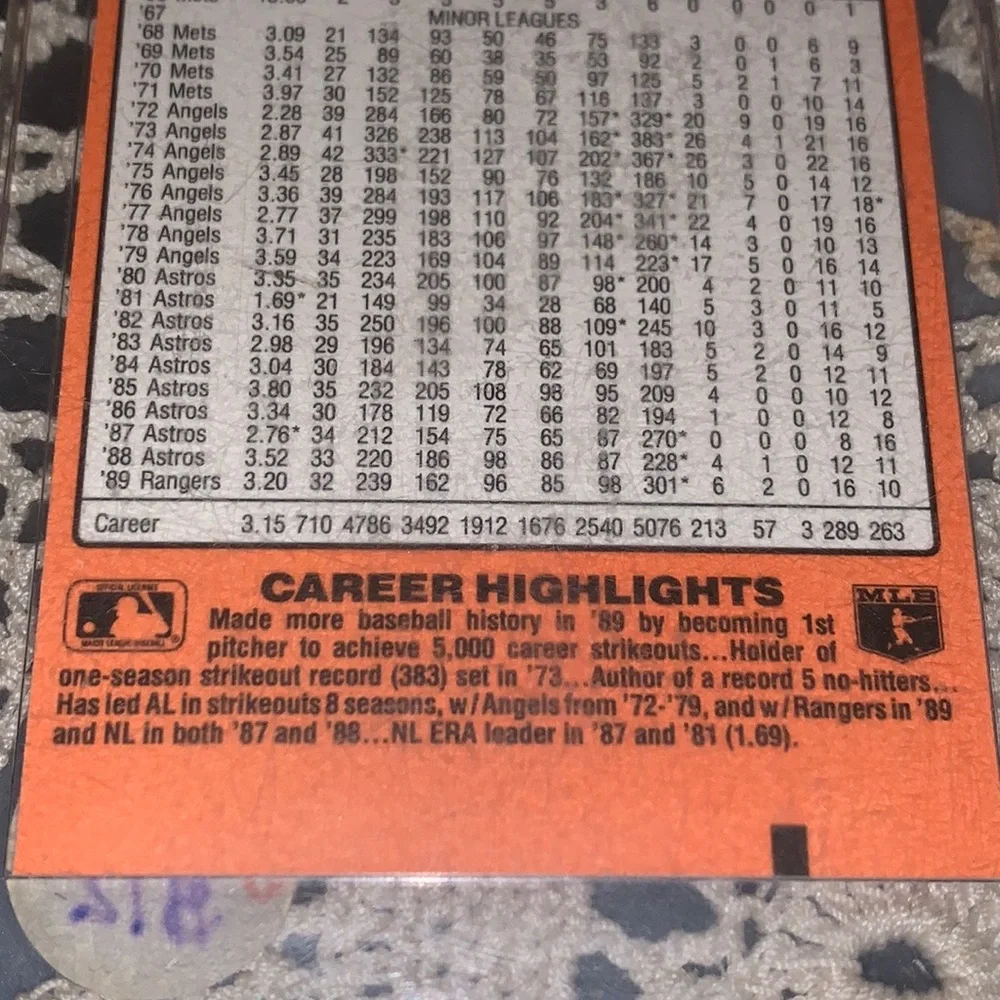 1989 Donruss Nolan Ryan Baseball Card marked by last owner “error”